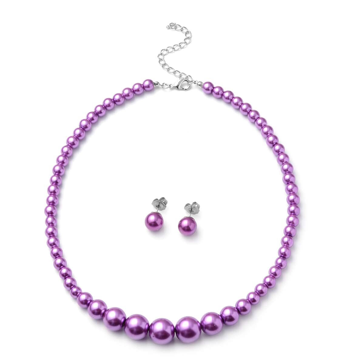Set of 2 Simulated Purple Pearl Necklace 20-22 Inches and Earrings in Silvertone and Stainless Steel image number 0