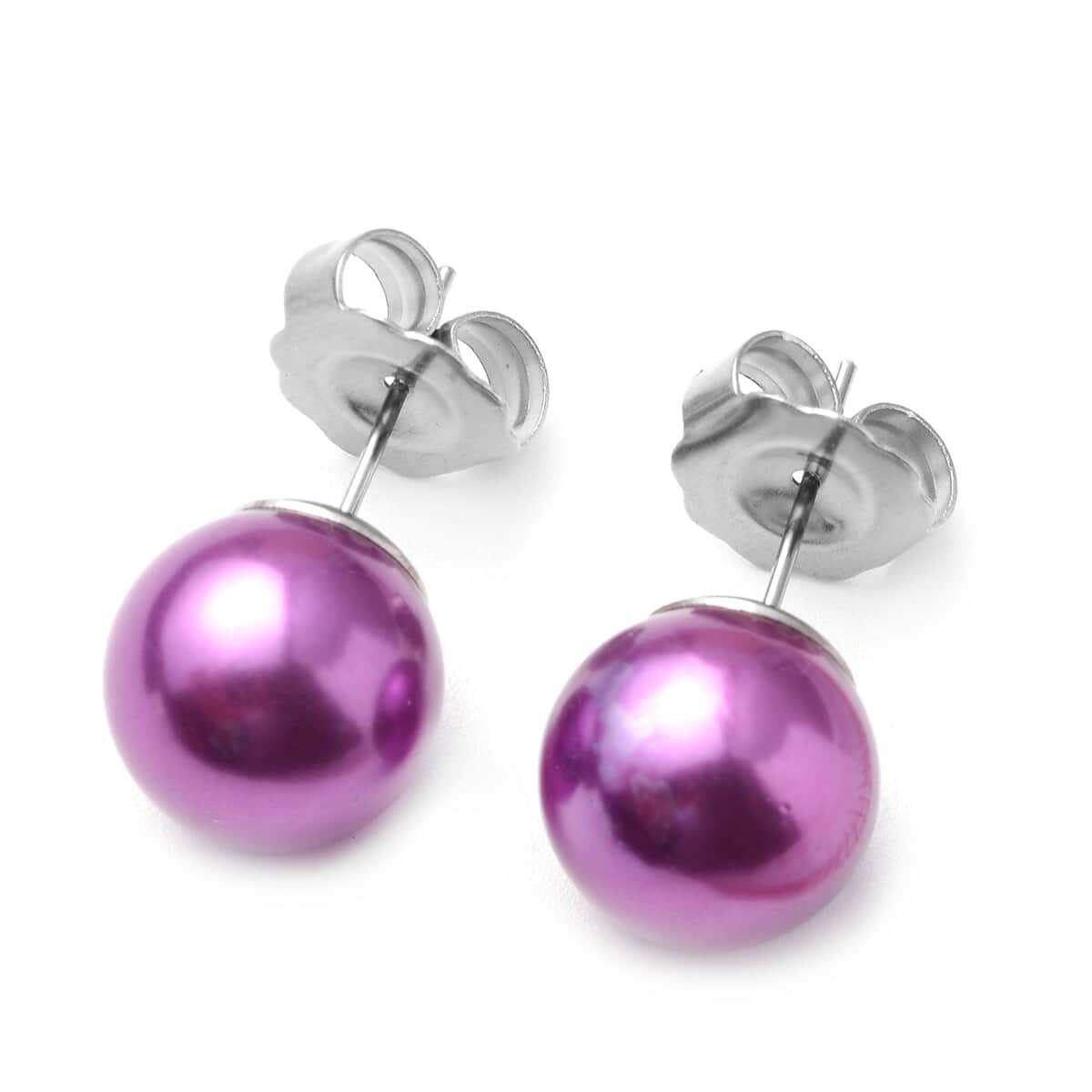 Set of 2 Simulated Purple Pearl Necklace 20-22 Inches and Earrings in Silvertone and Stainless Steel image number 5