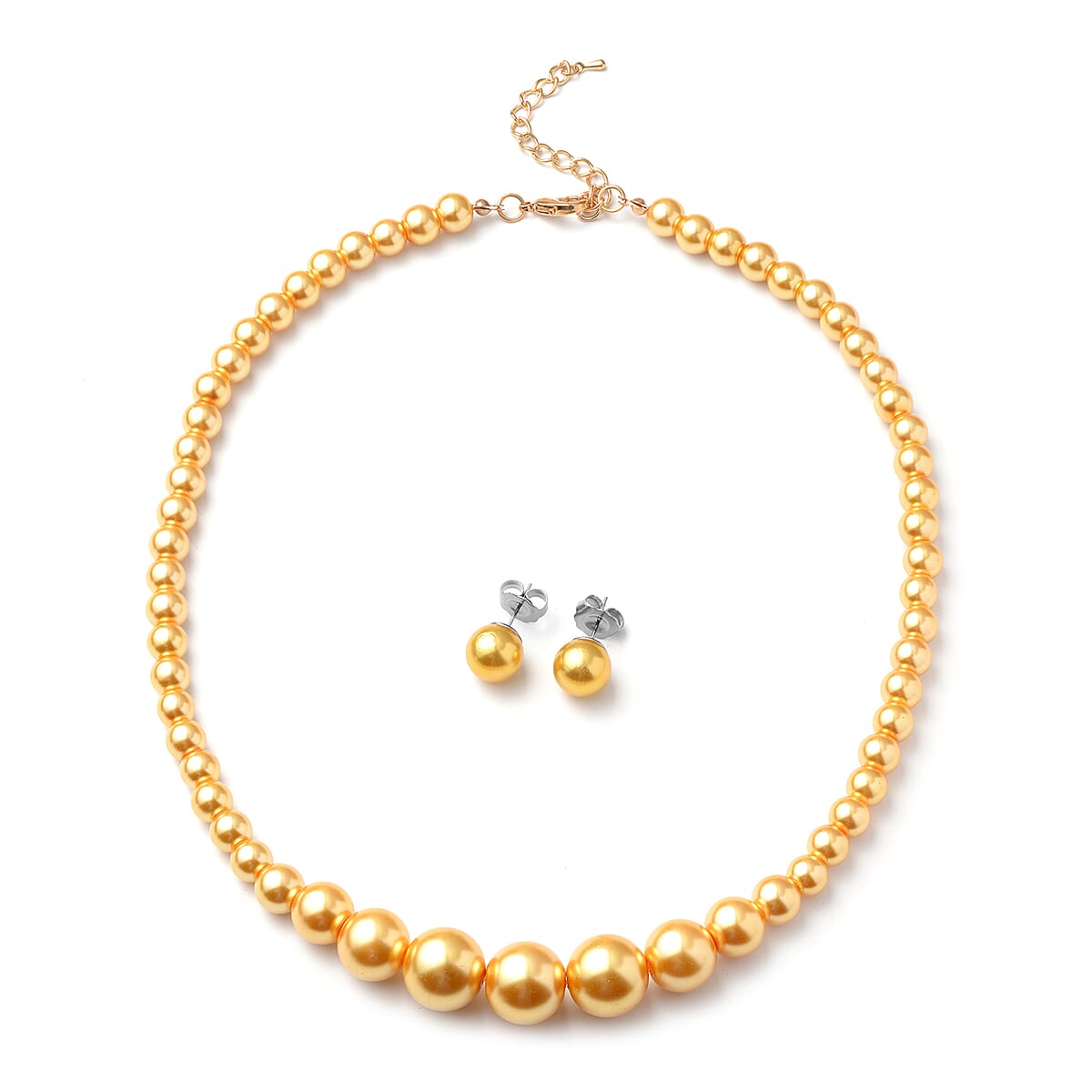 Set of 2 Simulated Golden Pearl Necklace 20-22 Inches and Earrings in Silvertone and Stainless Steel image number 0