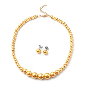 Set of 2 Simulated Golden Pearl Necklace 20-22 Inches and Earrings in Silvertone and Stainless Steel