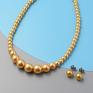 Set of 2 Simulated Golden Pearl Necklace 20-22 Inches and Earrings in Silvertone and Stainless Steel