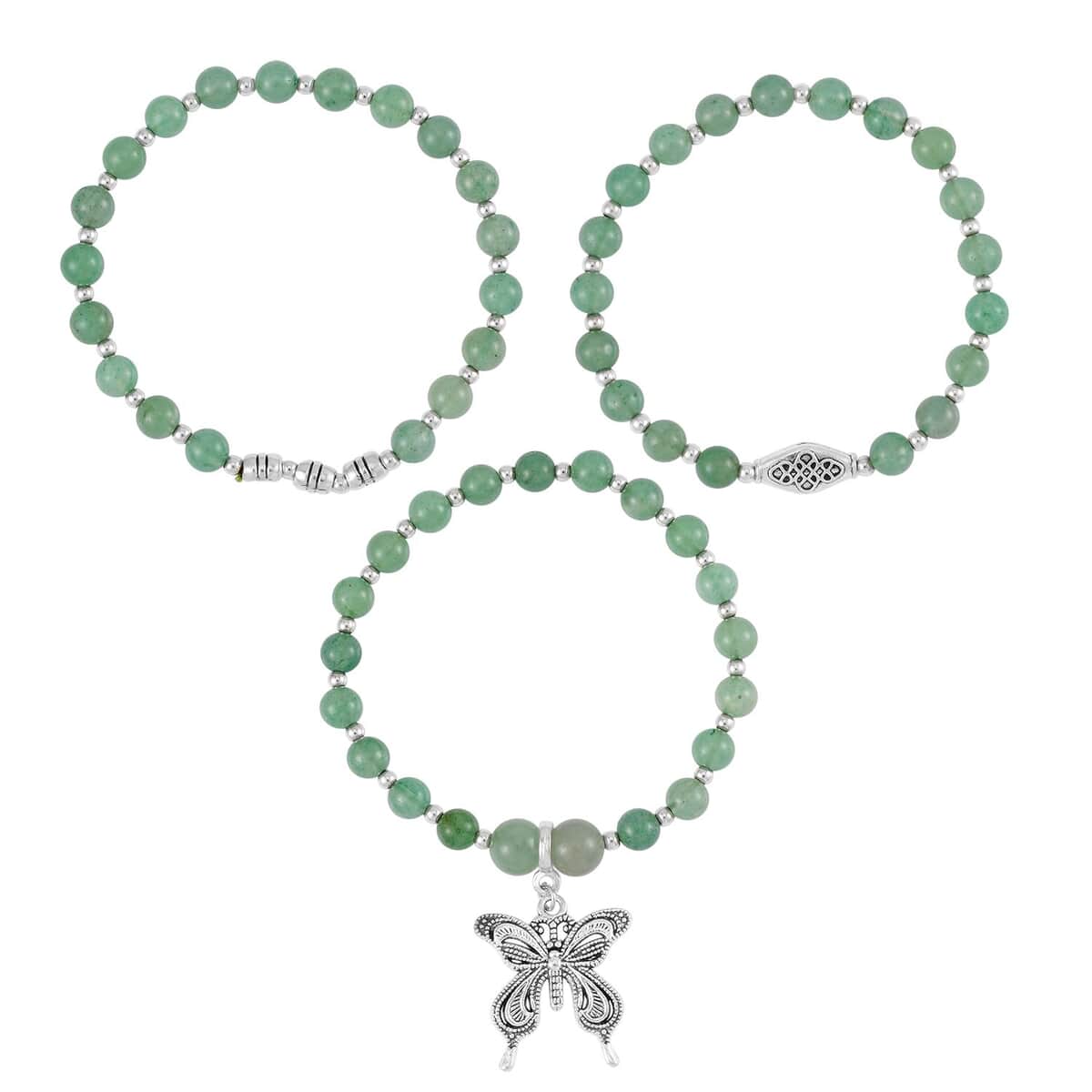 Set of 3 Green Aventurine Beaded Stretch Bracelet with Butterfly Charm in Silvertone 101.50 ctw image number 0