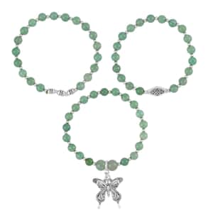 Set of 3 Green Aventurine Beaded Stretch Bracelet with Butterfly Charm in Silvertone 101.50 ctw