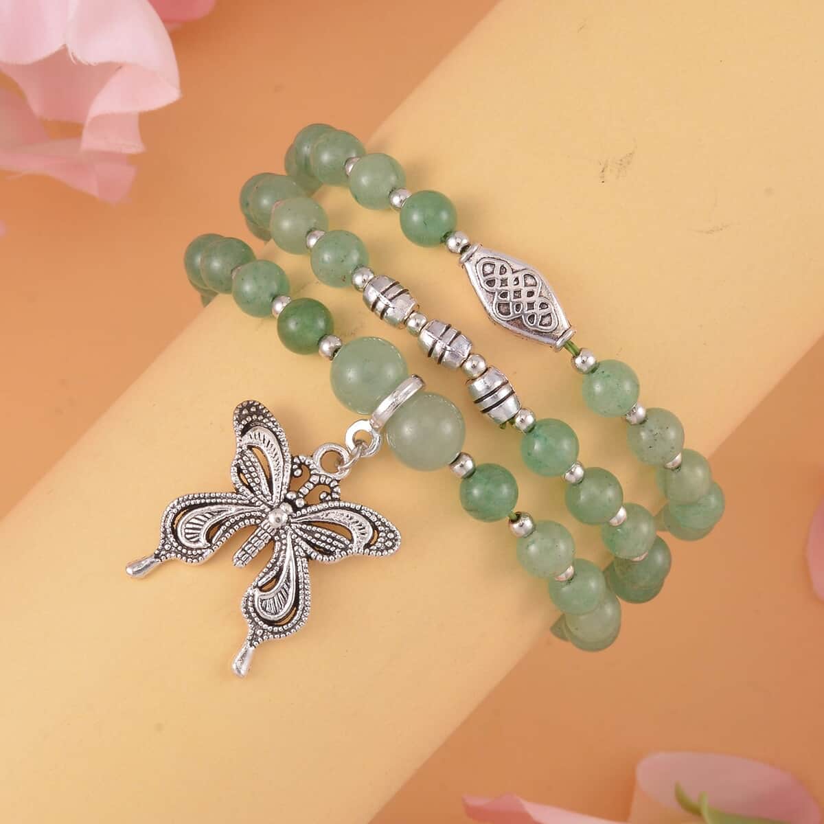 Set of 3 Green Aventurine Beaded Stretch Bracelet with Butterfly Charm in Silvertone 101.50 ctw image number 1