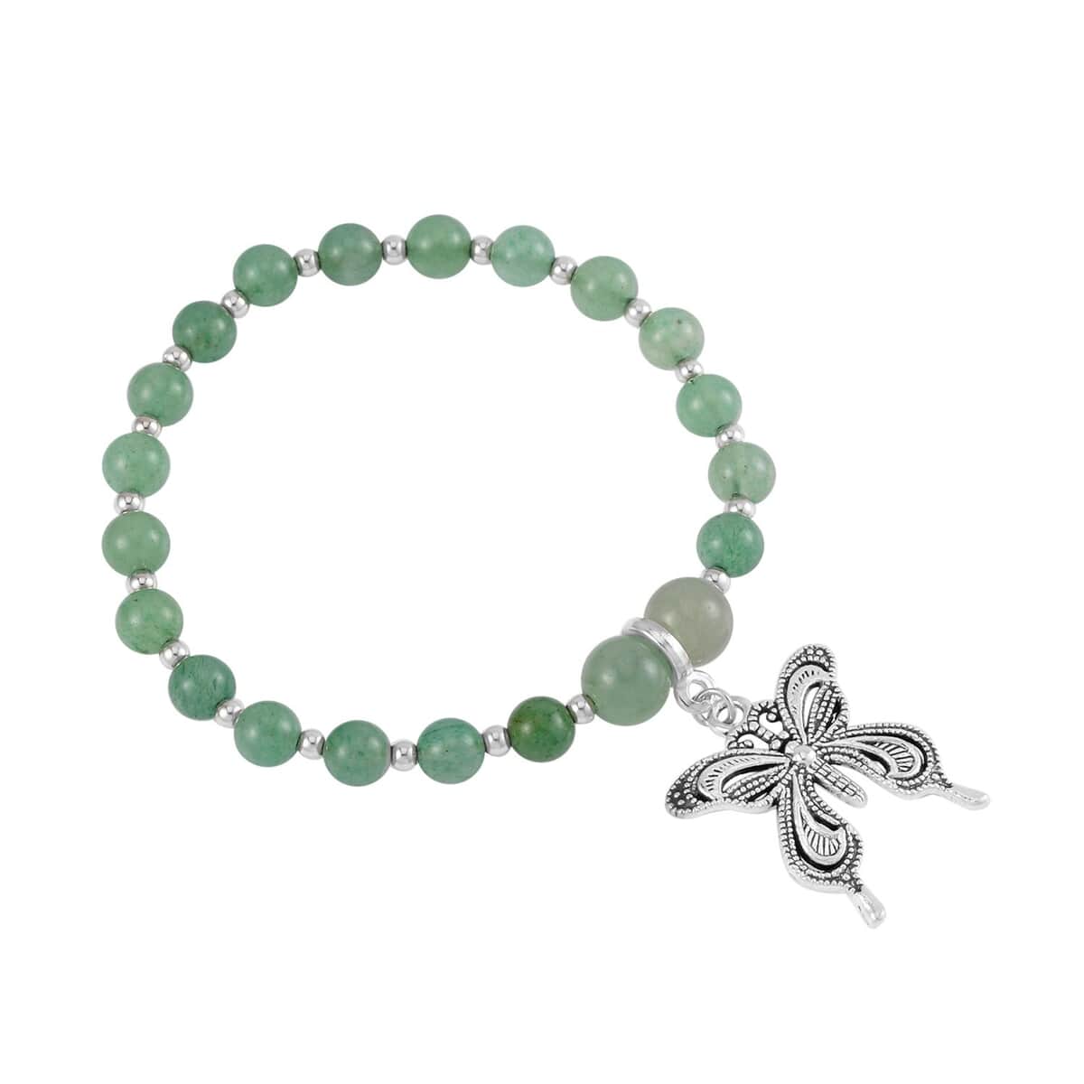 Set of 3 Green Aventurine Beaded Stretch Bracelet with Butterfly Charm in Silvertone 101.50 ctw image number 6