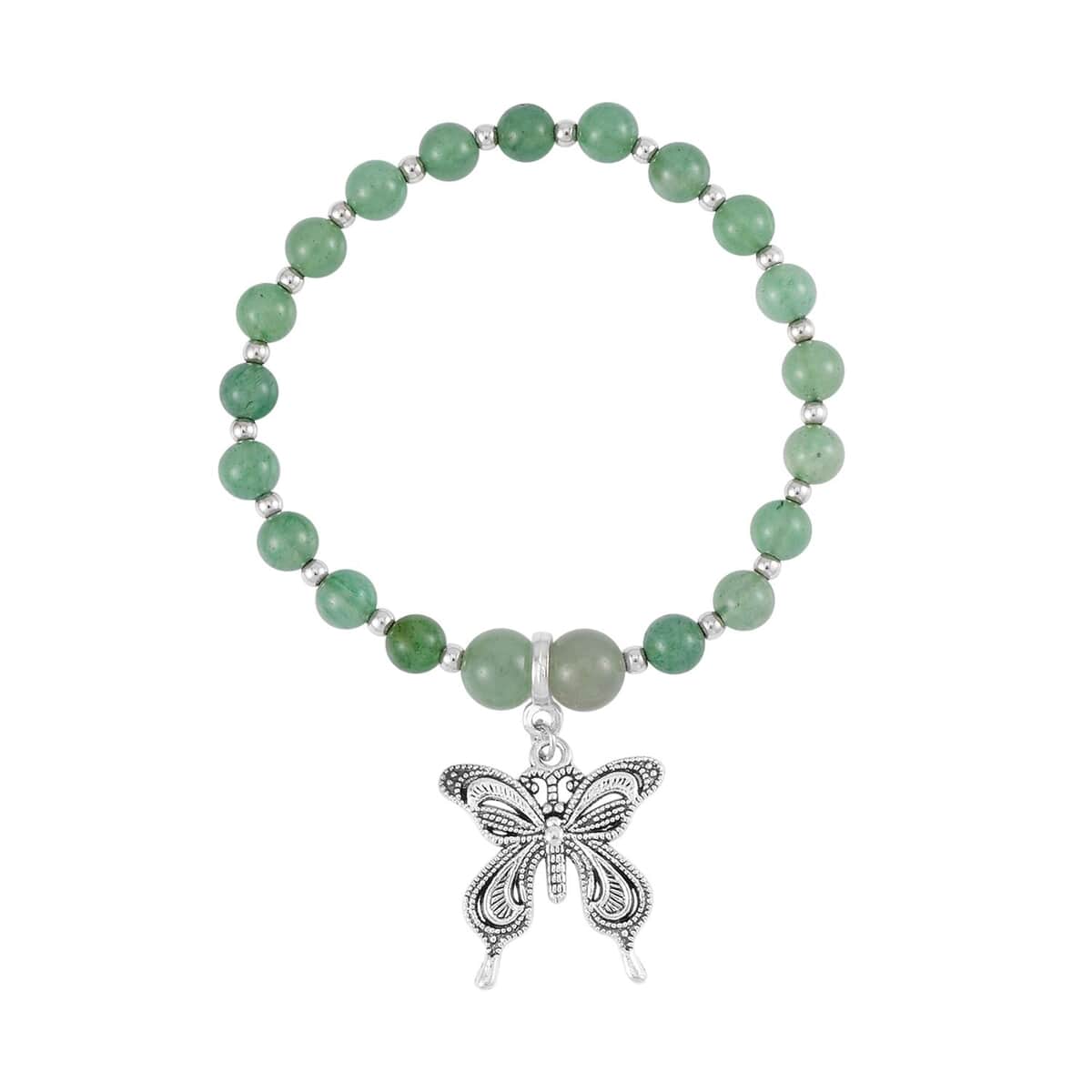 Set of 3 Green Aventurine Beaded Stretch Bracelet with Butterfly Charm in Silvertone 101.50 ctw image number 7