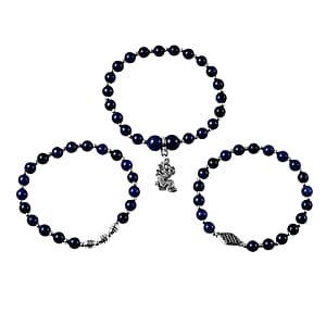 Set of 3 Lapis Lazuli Beaded Stretch Bracelet with Dragon Charm in Silvertone 132.50 ctw