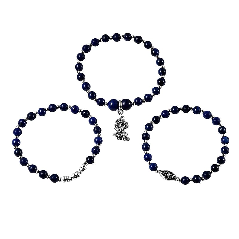 Set of 3 Lapis Lazuli Beaded Stretch Bracelet with Dragon Charm in Silvertone 132.50 ctw