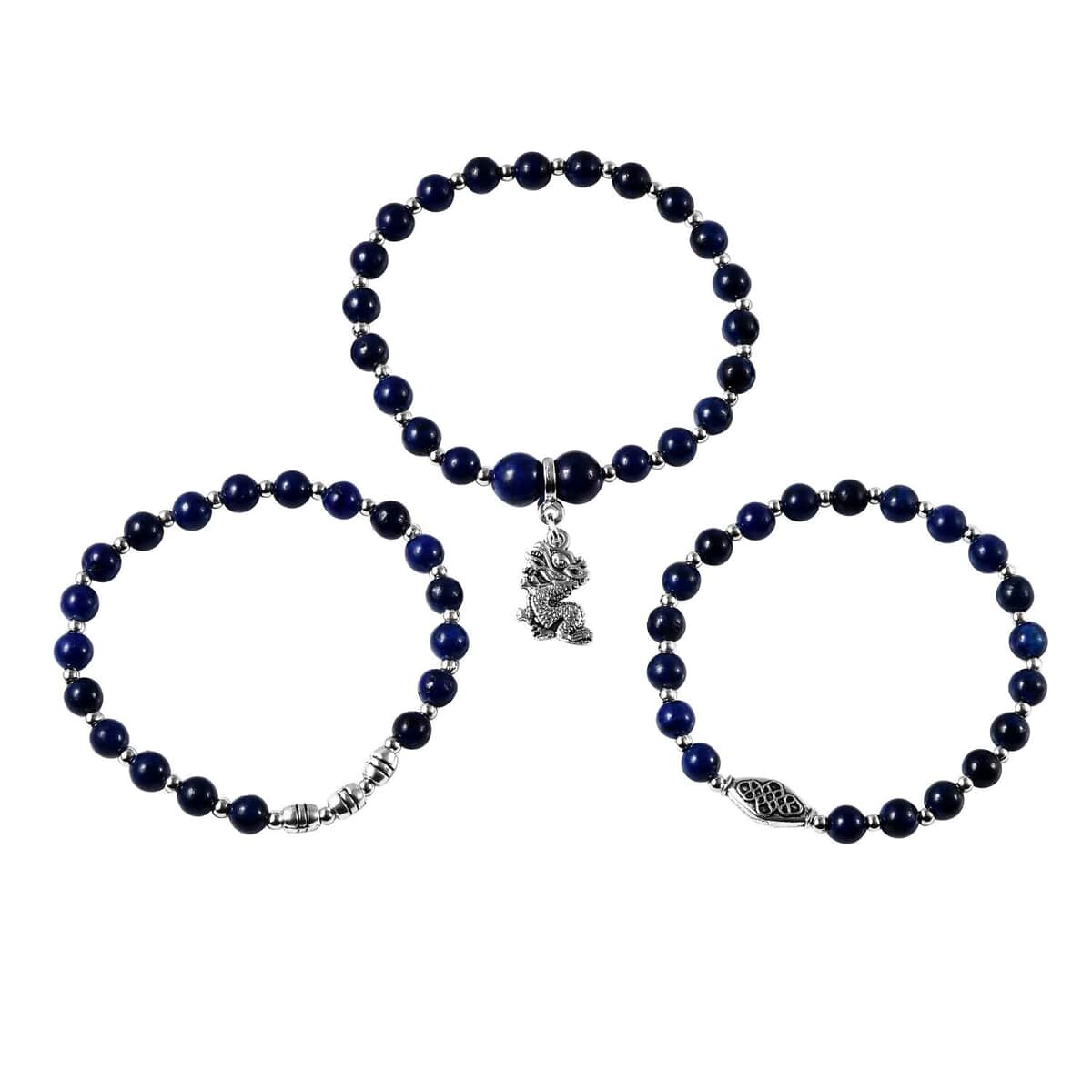 Set of 3 Lapis Lazuli Beaded Stretch Bracelet with Dragon Charm in Silvertone 132.50 ctw image number 0