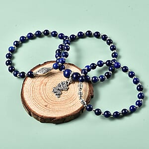 Set of 3 Lapis Lazuli Beaded Stretch Bracelet with Dragon Charm in Silvertone 132.50 ctw
