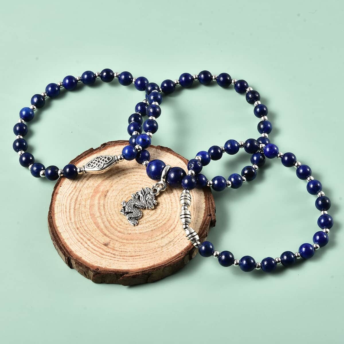 Set of 3 Lapis Lazuli Beaded Stretch Bracelet with Dragon Charm in Silvertone 132.50 ctw image number 1