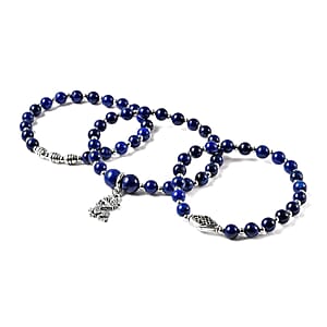 Set of 3 Lapis Lazuli Beaded Stretch Bracelet with Dragon Charm in Silvertone 132.50 ctw