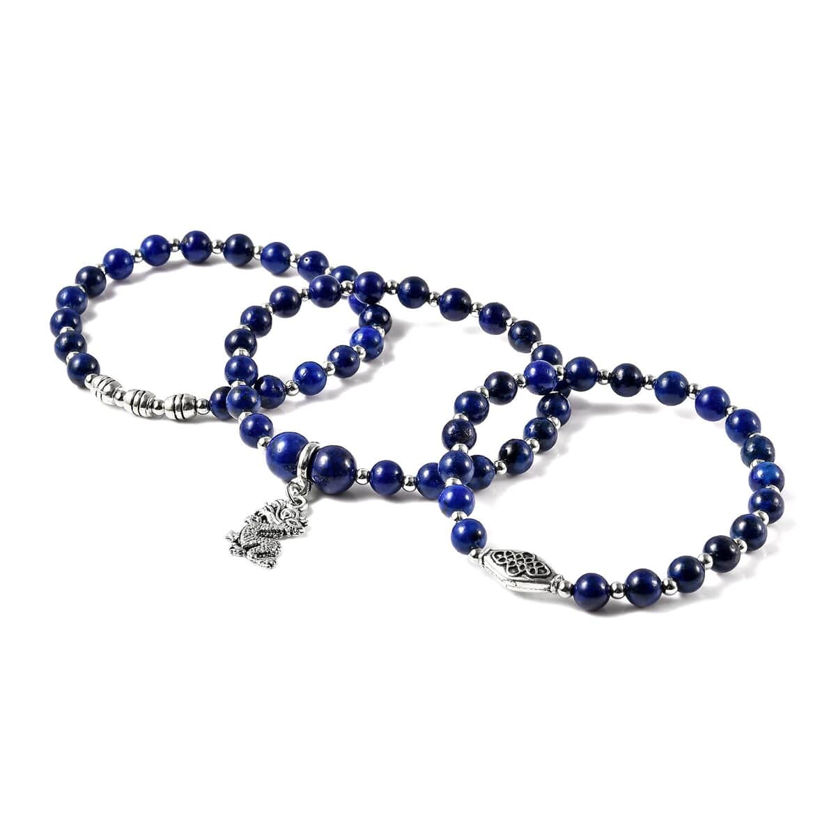 Set of 3 Lapis Lazuli Beaded Stretch Bracelet with Dragon Charm in Silvertone 132.50 ctw image number 2