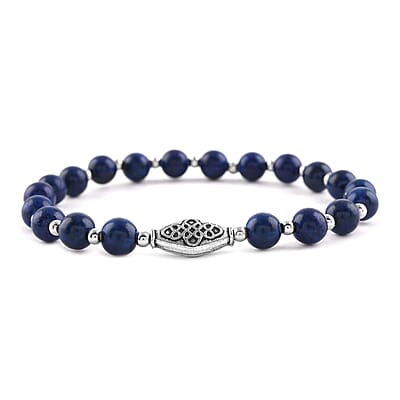 Set of 3 Lapis Lazuli Beaded Stretch Bracelet with Dragon Charm in Silvertone 132.50 ctw