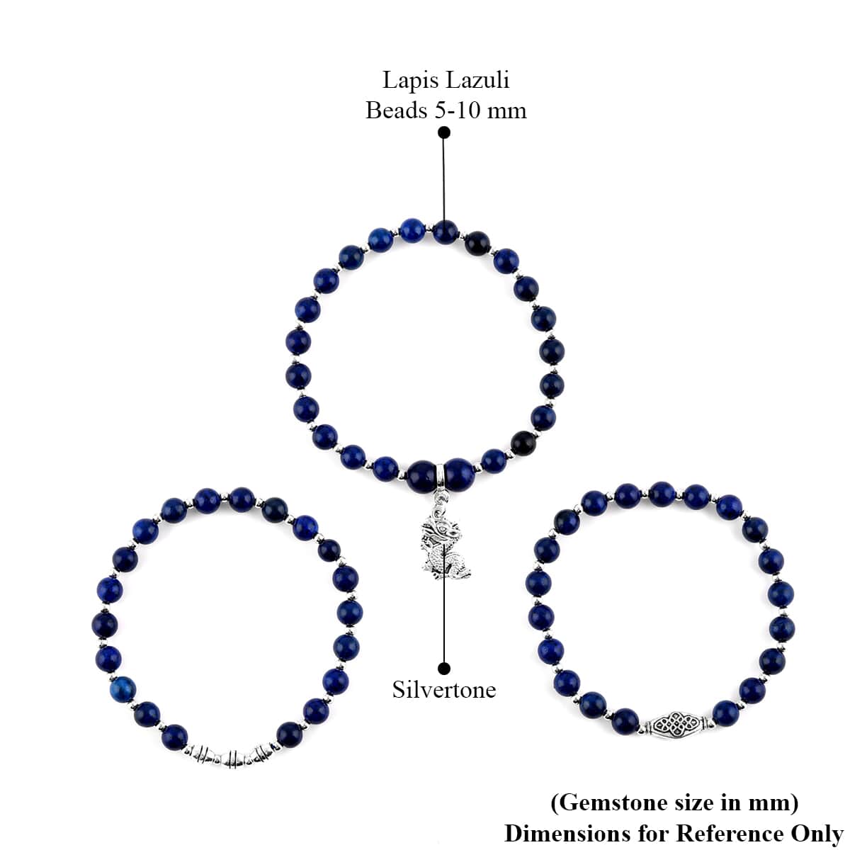 Set of 3 Lapis Lazuli Beaded Stretch Bracelet with Dragon Charm in Silvertone 132.50 ctw image number 6