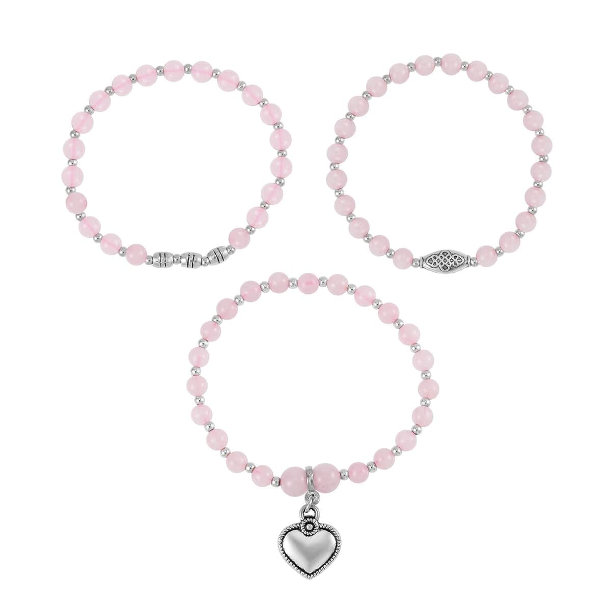 Set of 3 Galilea Rose Quartz Beads Stretch Bracelet with Heart Charm in Silvertone 123.50 ctw image number 0