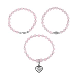 Set of 3 Galilea Rose Quartz Beads Stretch Bracelet with Heart Charm in Silvertone 123.50 ctw