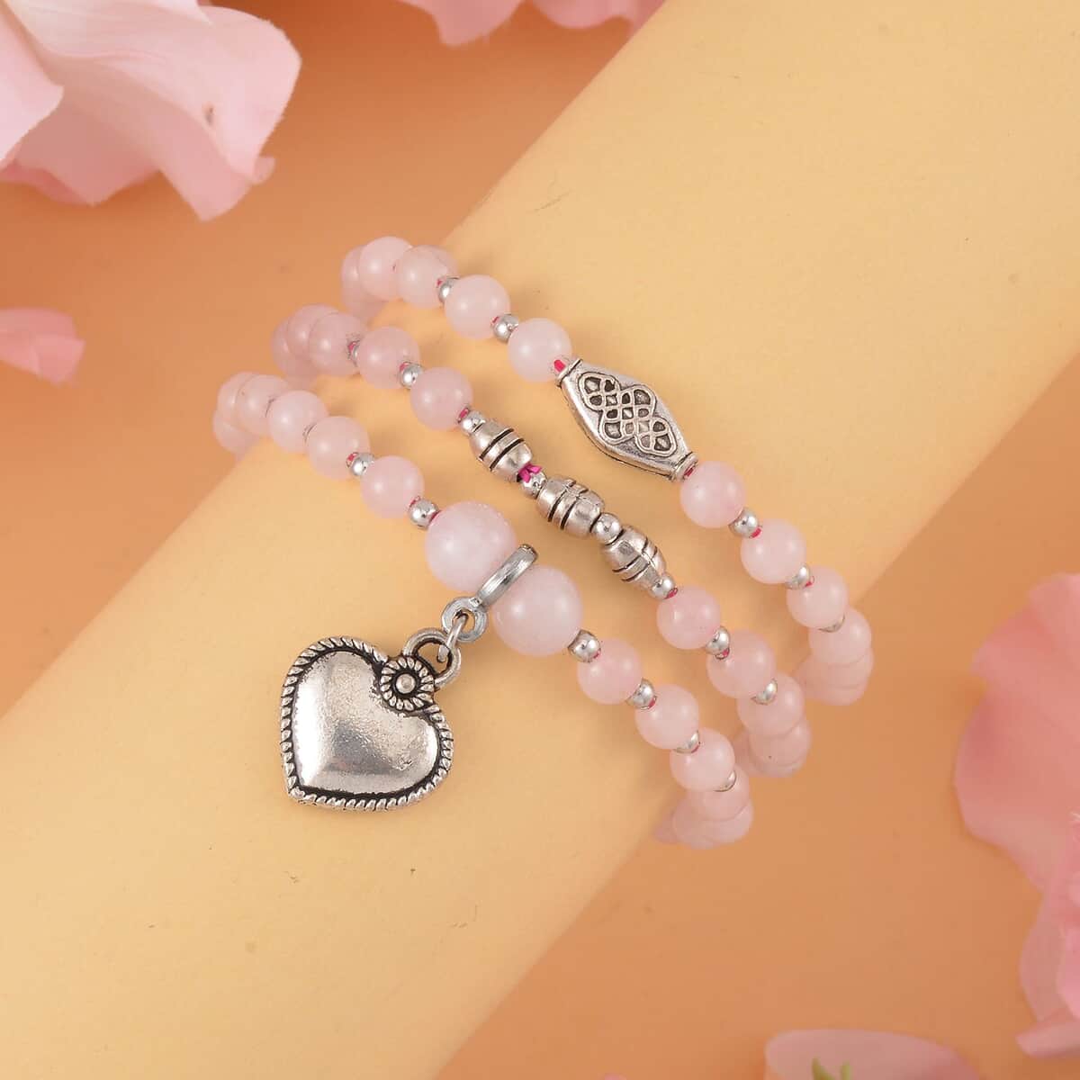 Set of 3 Galilea Rose Quartz Beads Stretch Bracelet with Heart Charm in Silvertone 123.50 ctw image number 1