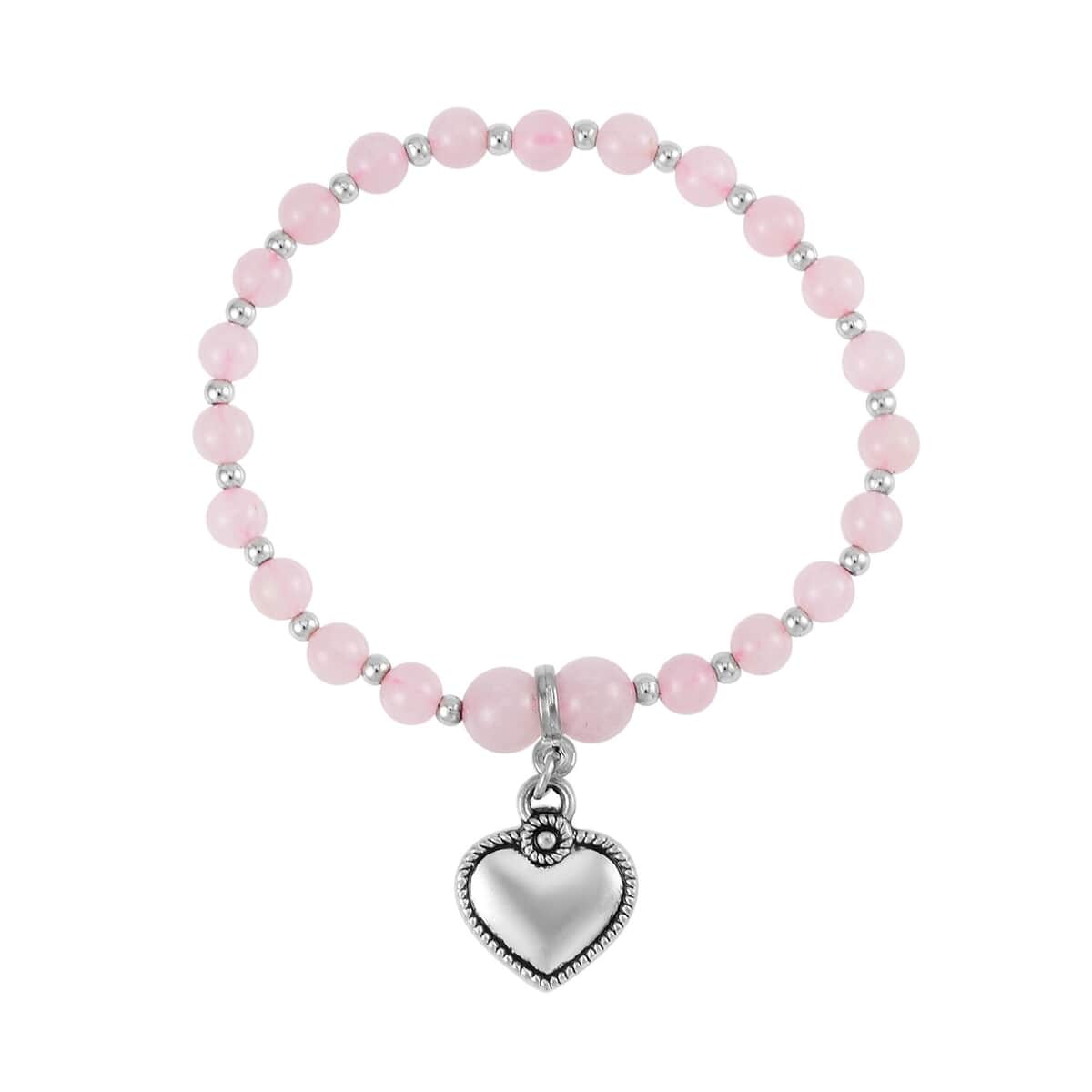 Set of 3 Galilea Rose Quartz Beads Stretch Bracelet with Heart Charm in Silvertone 123.50 ctw image number 6