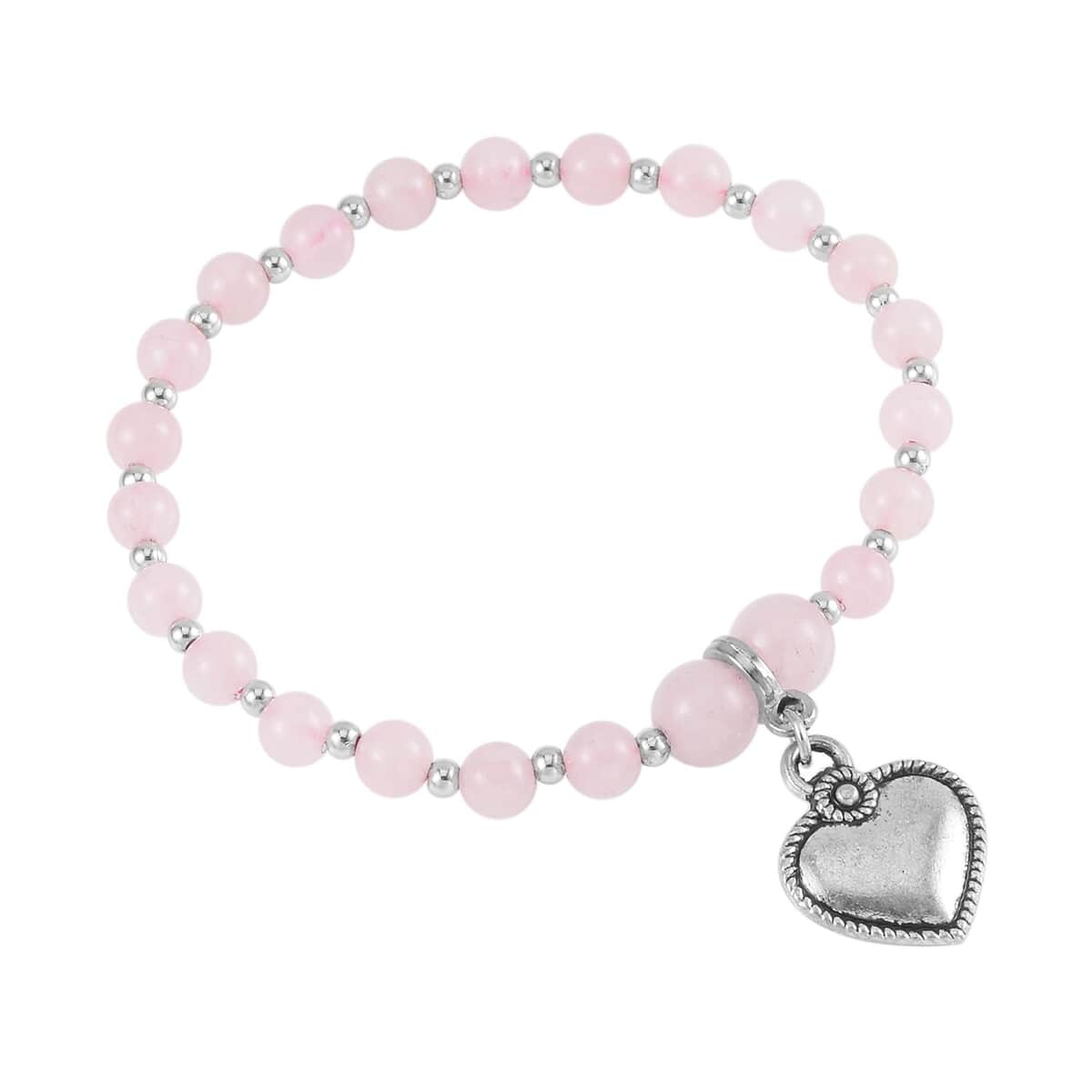 Set of 3 Galilea Rose Quartz Beads Stretch Bracelet with Heart Charm in Silvertone 123.50 ctw image number 7