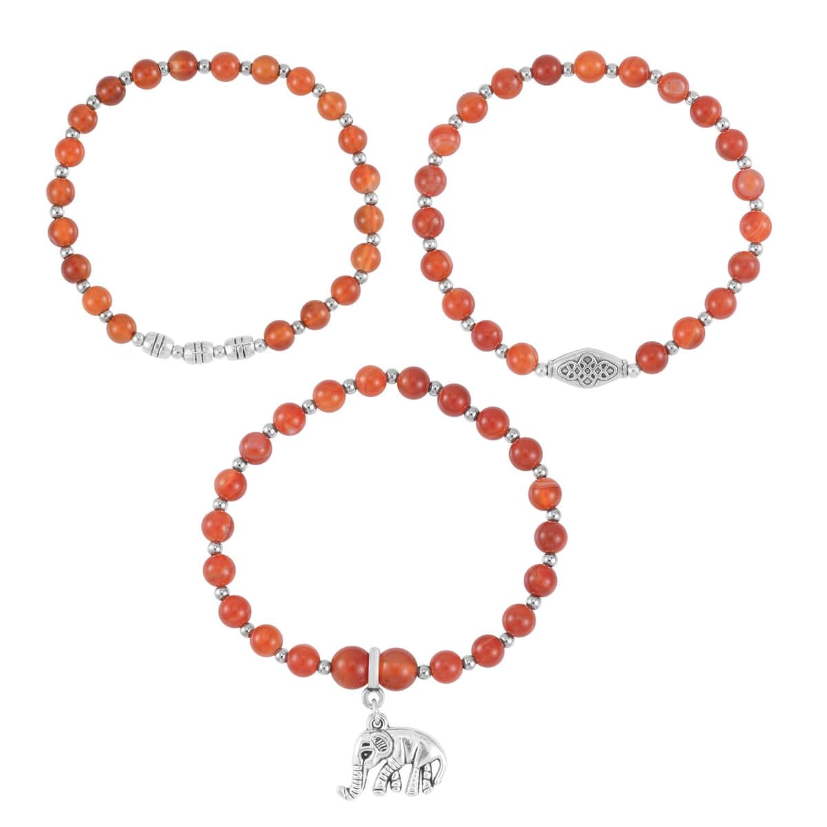 Set of 3 Red Agate Beaded Stretch Bracelet with Elephant Charm in Silvertone 84.00 ctw image number 0