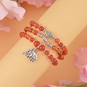 Set of 3 Red Agate Beaded Stretch Bracelet with Elephant Charm in Silvertone 84.00 ctw