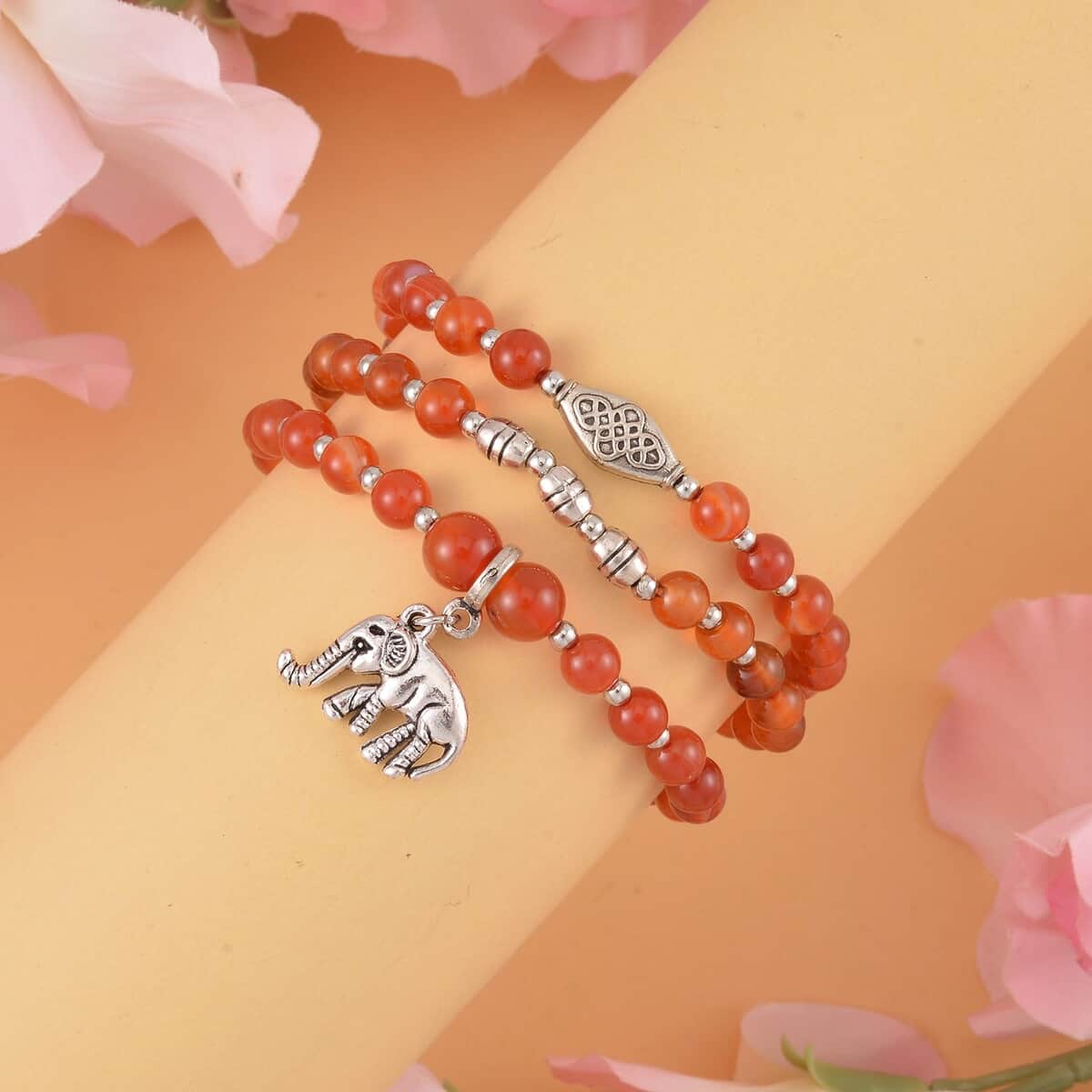 Set of 3 Red Agate Beaded Stretch Bracelet with Elephant Charm in Silvertone 84.00 ctw image number 1