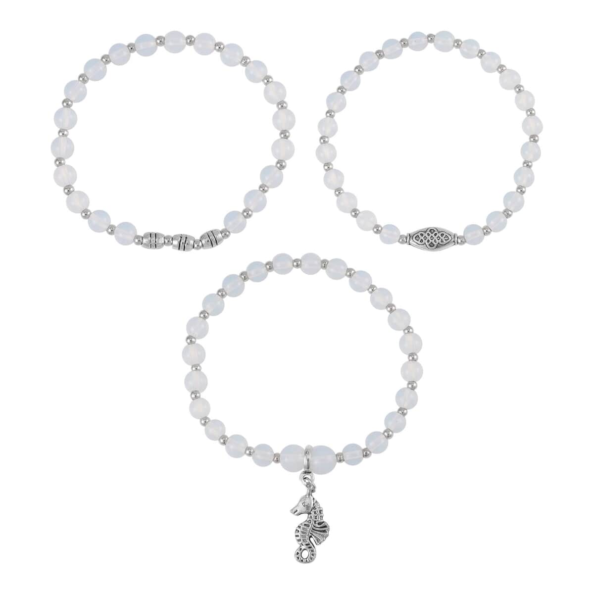 Set of 3 Opalite Beaded Stretch Bracelet with Seahorse Charm in Silvertone 110.50 ctw image number 0