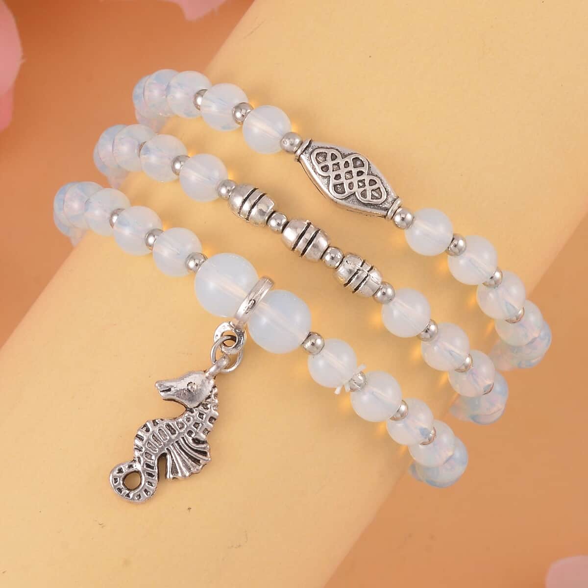 Set of 3 Opalite Beaded Stretch Bracelet with Seahorse Charm in Silvertone 110.50 ctw image number 1