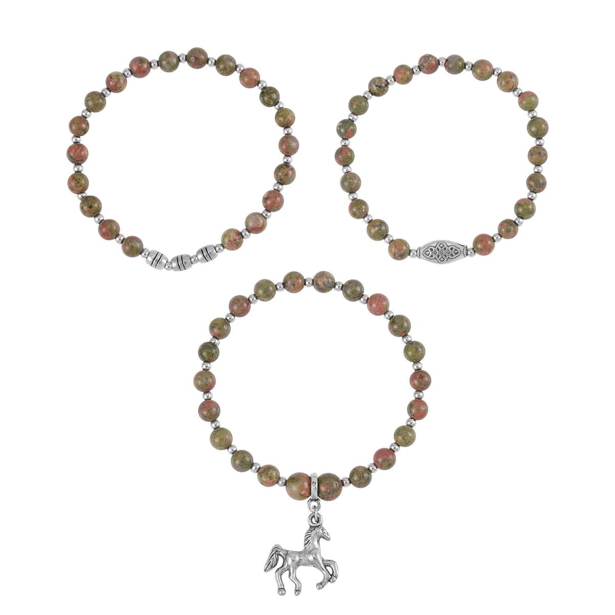 Set of 3 Unakite Beaded Stretch Bracelet with Horse Charm in Silvertone 148.00 ctw image number 0