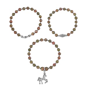 Set of 3 Unakite Beaded Stretch Bracelet with Horse Charm in Silvertone 148.00 ctw