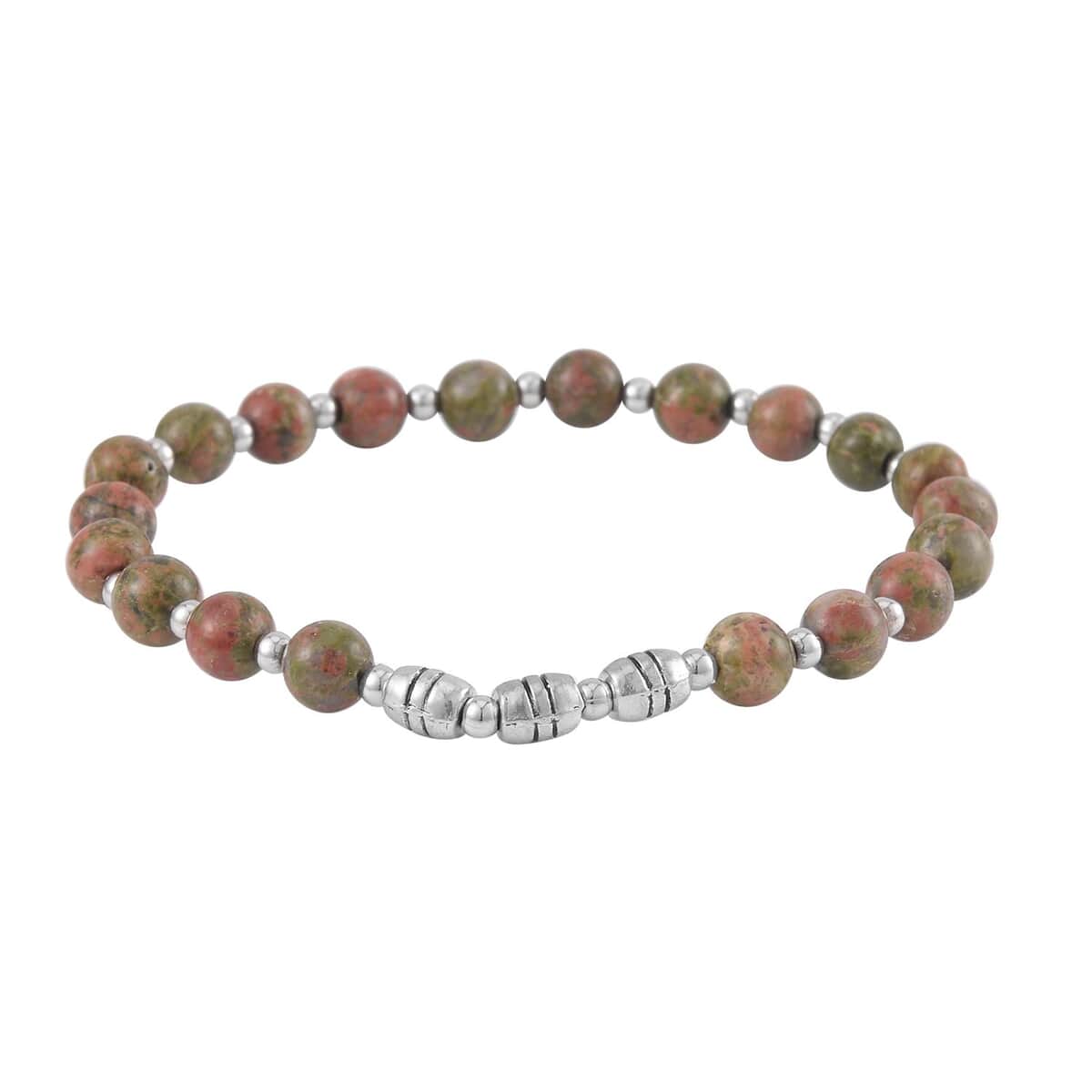 Set of 3 Unakite Beaded Stretch Bracelet with Horse Charm in Silvertone 148.00 ctw image number 2