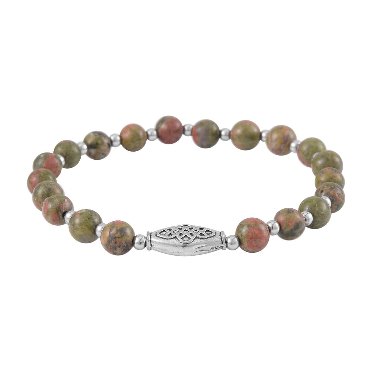 Set of 3 Unakite Beaded Stretch Bracelet with Horse Charm in Silvertone 148.00 ctw image number 4