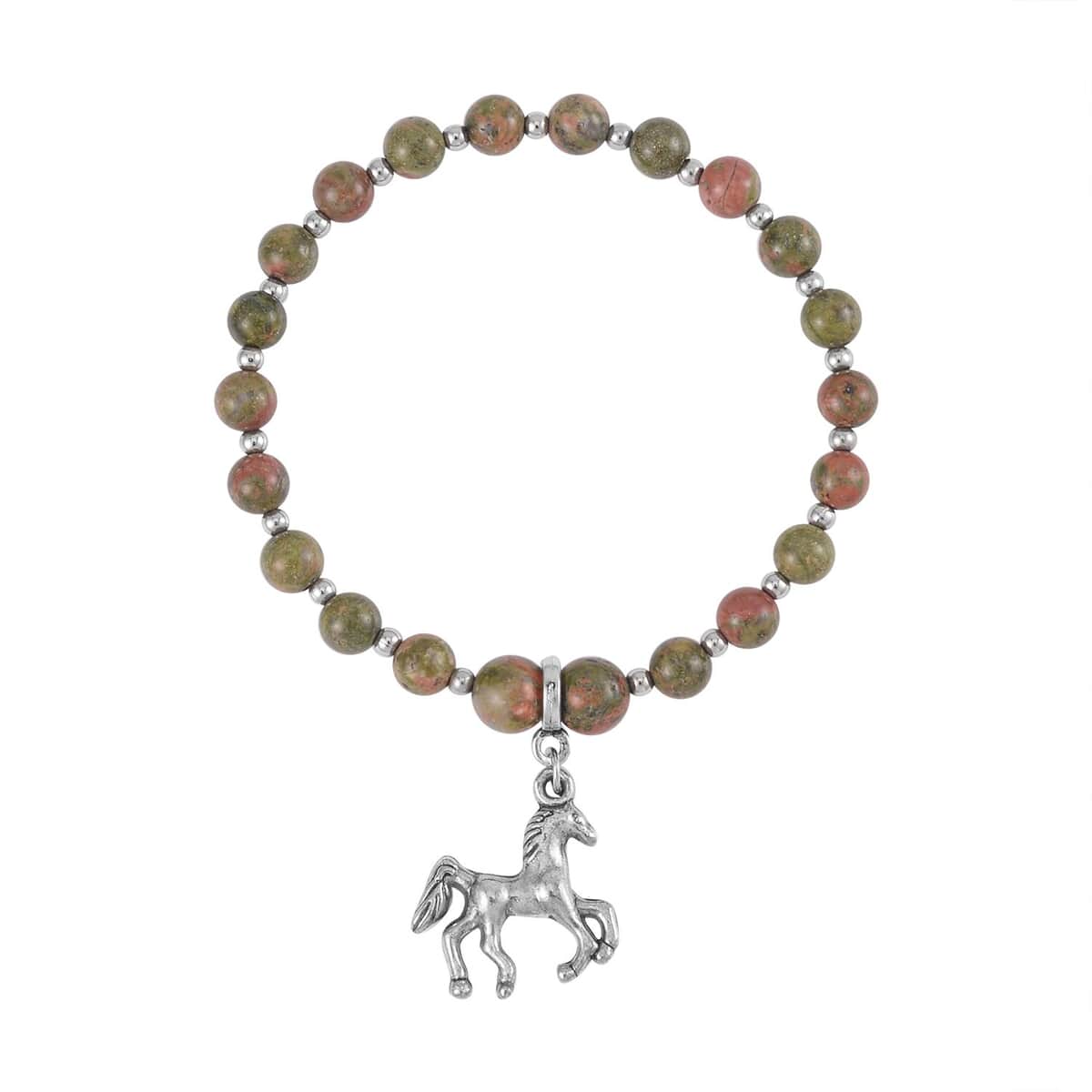 Set of 3 Unakite Beaded Stretch Bracelet with Horse Charm in Silvertone 148.00 ctw image number 6