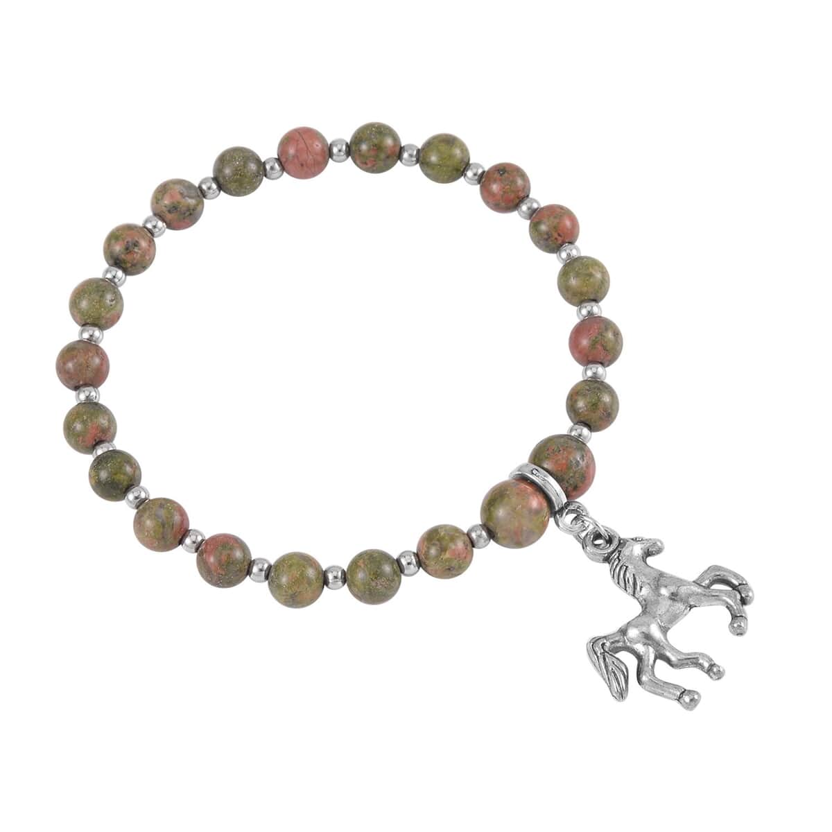 Set of 3 Unakite Beaded Stretch Bracelet with Horse Charm in Silvertone 148.00 ctw image number 7
