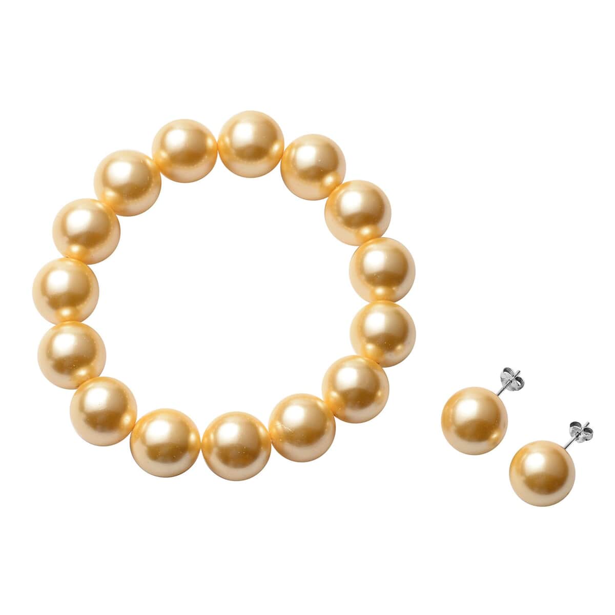 Golden Shell Pearl Stretch Bracelet and Stud Earrings in Rhodium Over Sterling Silver image number 0