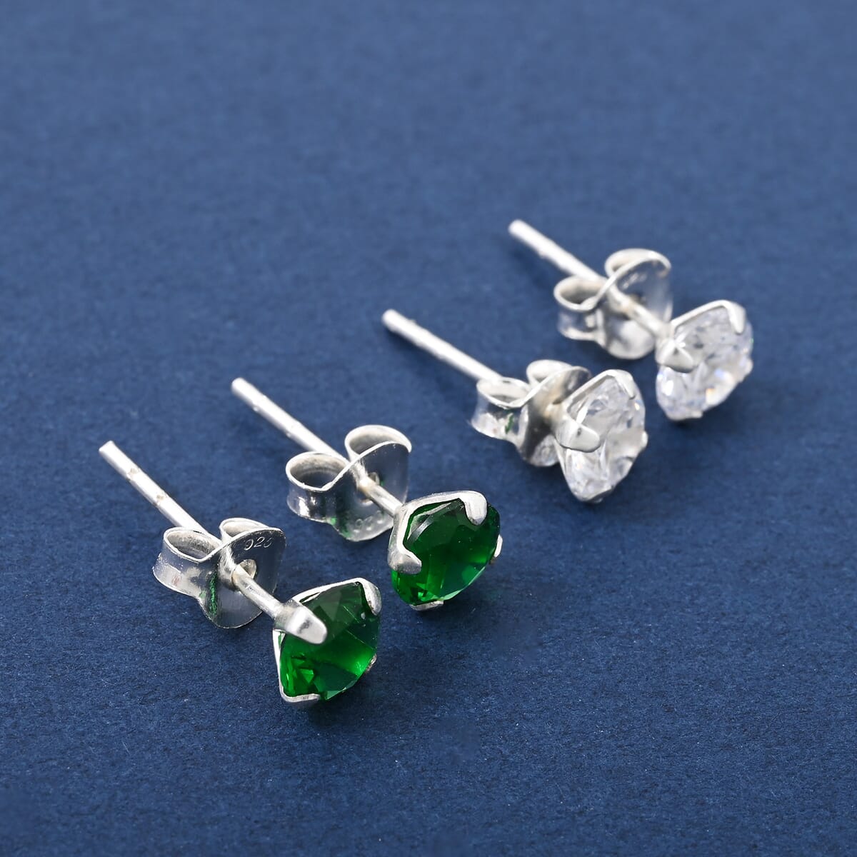 Set of 2 Simulated White and Green Diamond Stud Earrings in Sterling Silver image number 1