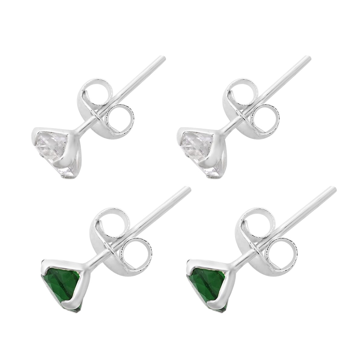 Set of 2 Simulated White and Green Diamond Stud Earrings in Sterling Silver image number 3