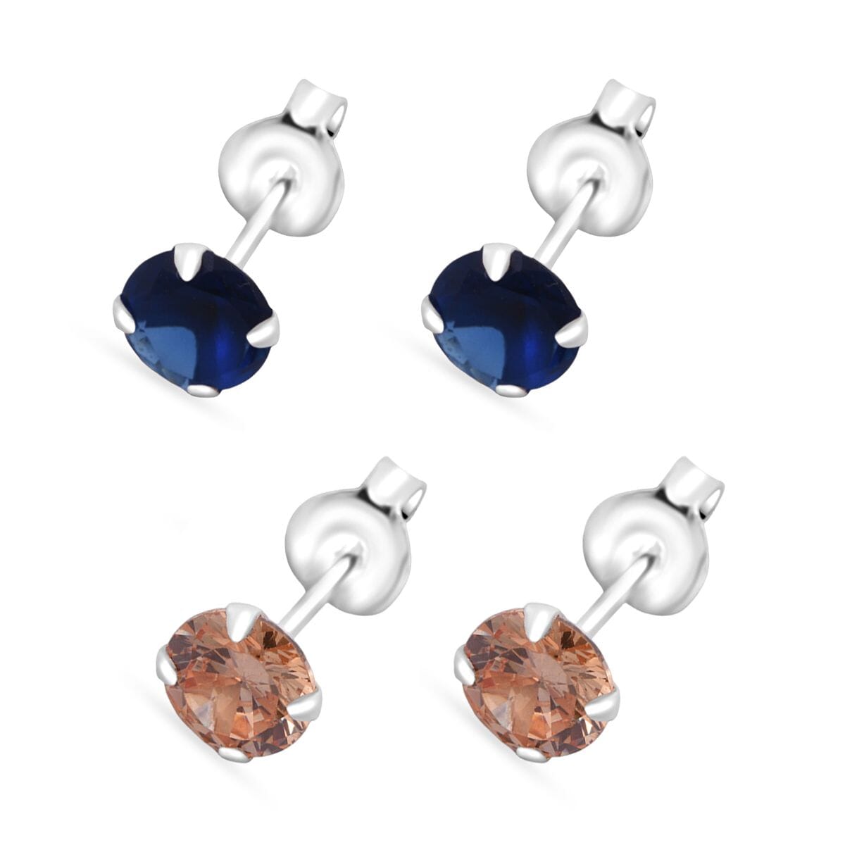 Set of 2 Simulated Champagne and Blue Diamond Stud Earrings in Sterling Silver image number 0