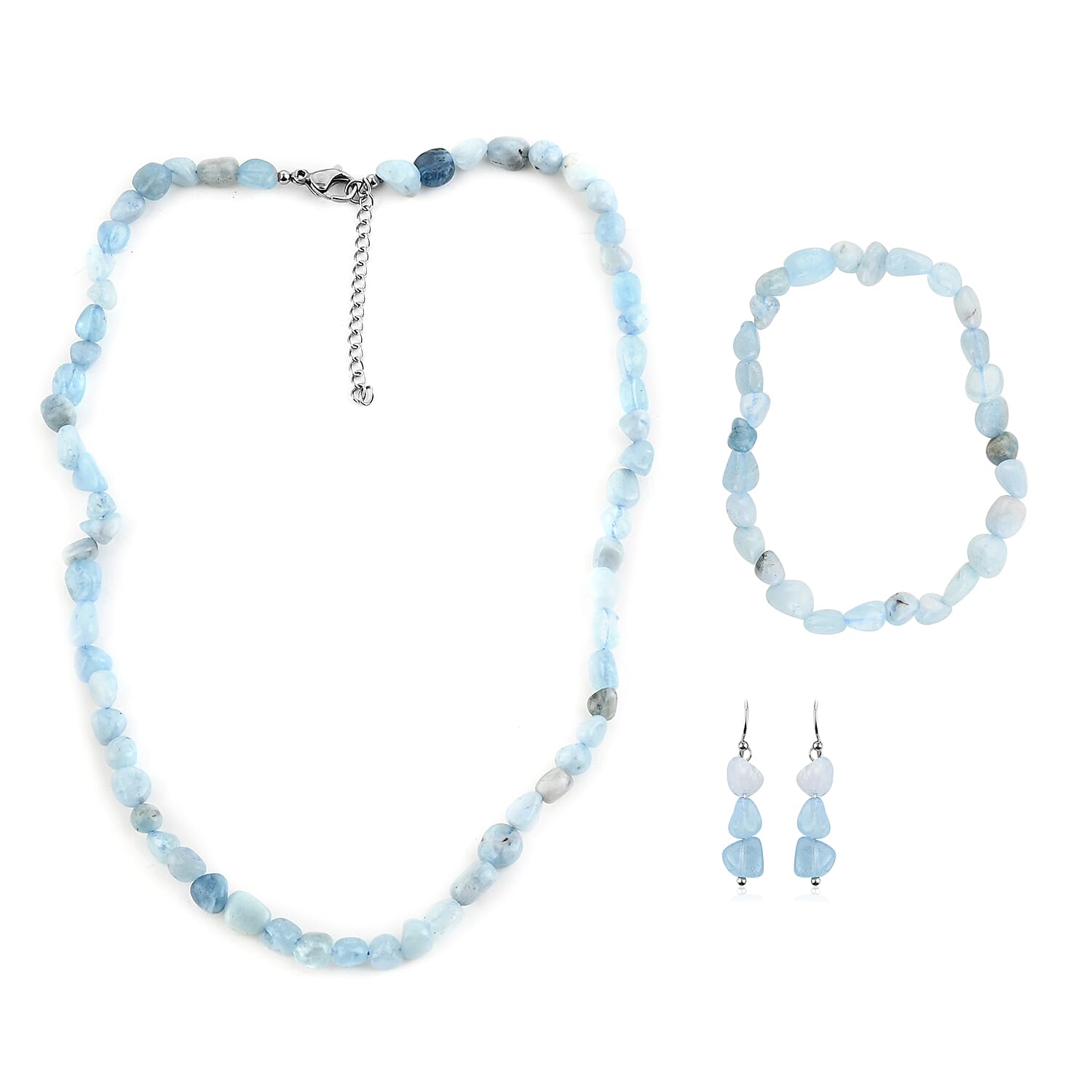 Aquamarine Bracelet, Dangle Earrings and Necklace 18-20 Inches in Stainless Steel 342.00 ctw