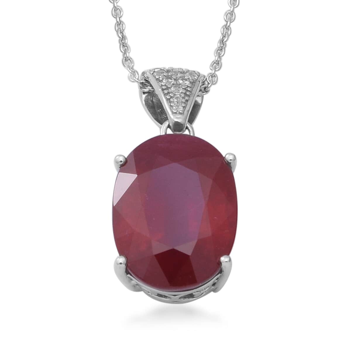 Niassa Ruby and Natural White Zircon Pendant Necklace 18 Inches in Platinum Over Sterling Silver 13.50 ctw image number 0