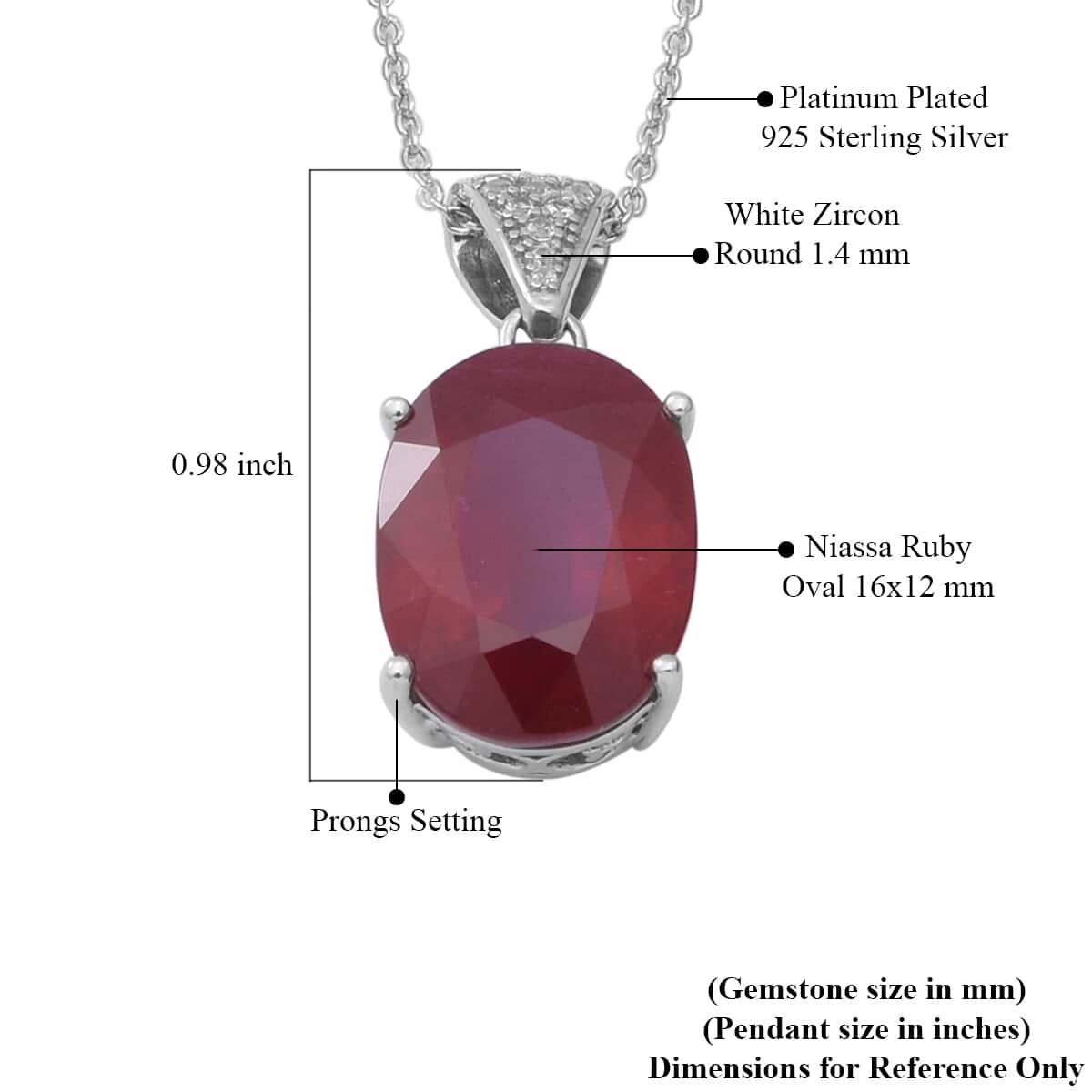 Niassa Ruby and Natural White Zircon Pendant Necklace 18 Inches in Platinum Over Sterling Silver 13.50 ctw image number 4
