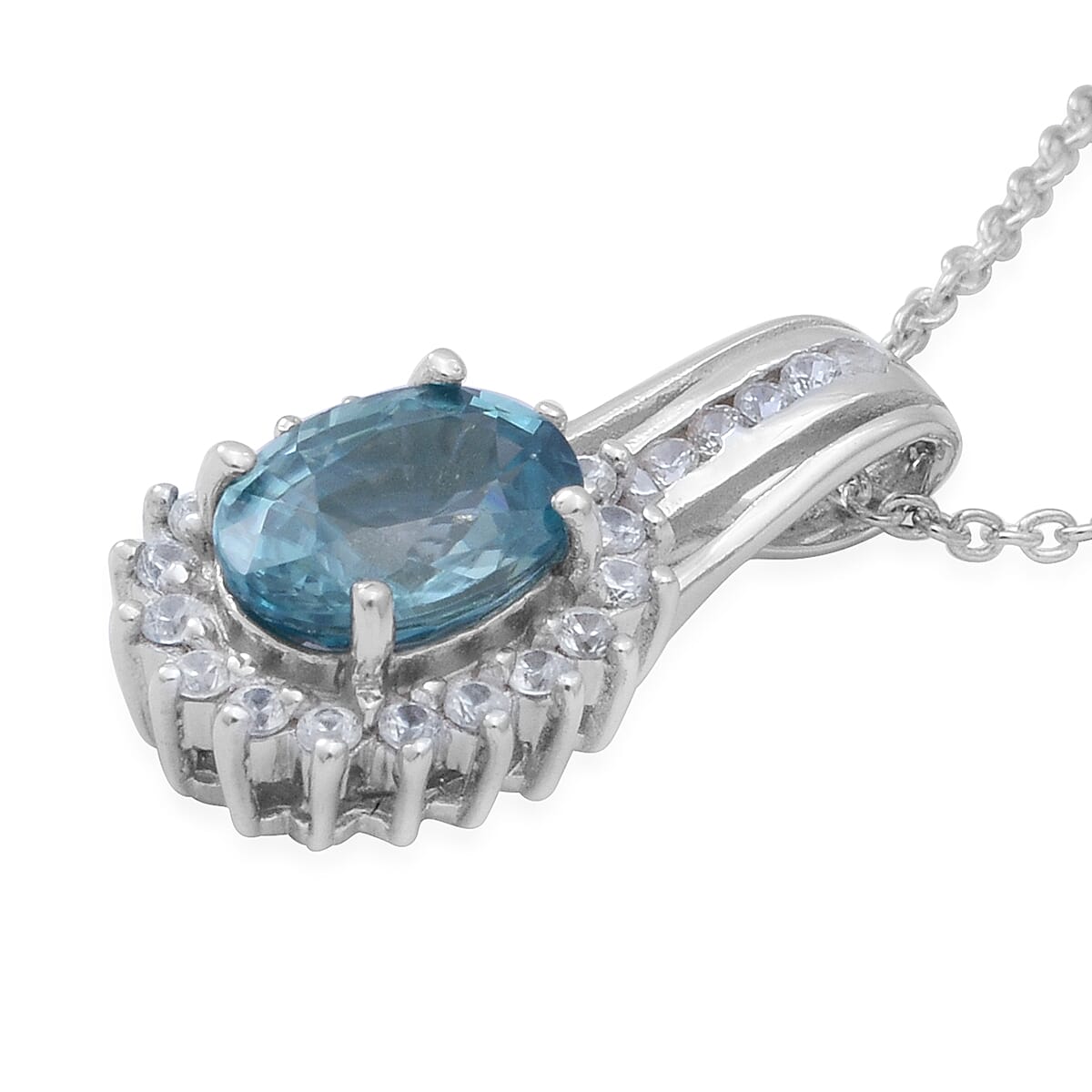 TLV Cambodian Blue Zircon, Natural White Zircon Cocktail Pendant Necklace (18 Inches) in Platinum Over Sterling Silver 2.25 ctw image number 2