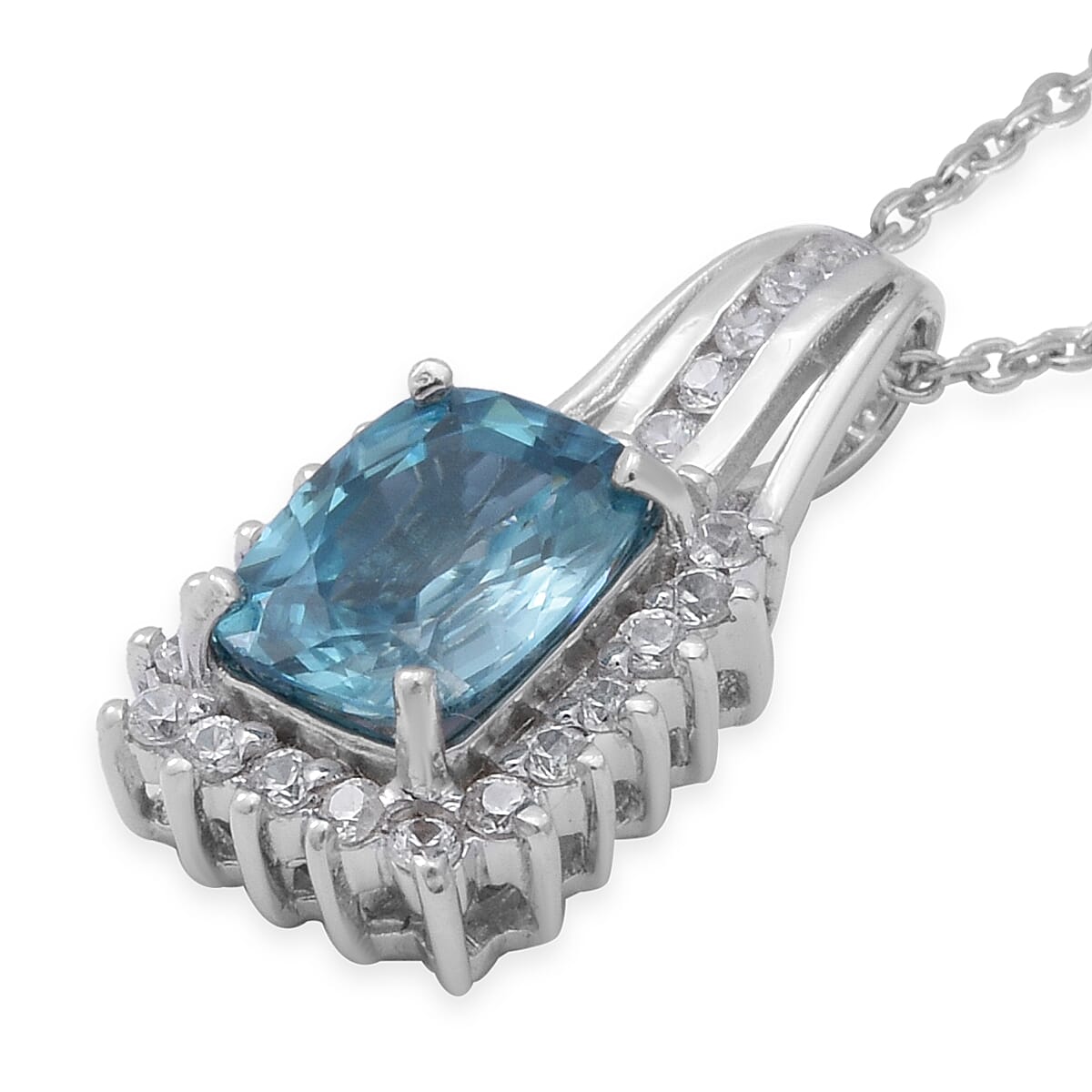 Cambodian Blue Zircon and Natural White Zircon Cocktail Pendant Necklace 18 Inches in Platinum Over Sterling Silver 2.65 ctw image number 2