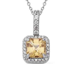 Asscher Cut Tanzanian Yellow Zircon and Natural White Zircon Pendant Necklace 18 Inches in Sterling Silver 3.15 ctw