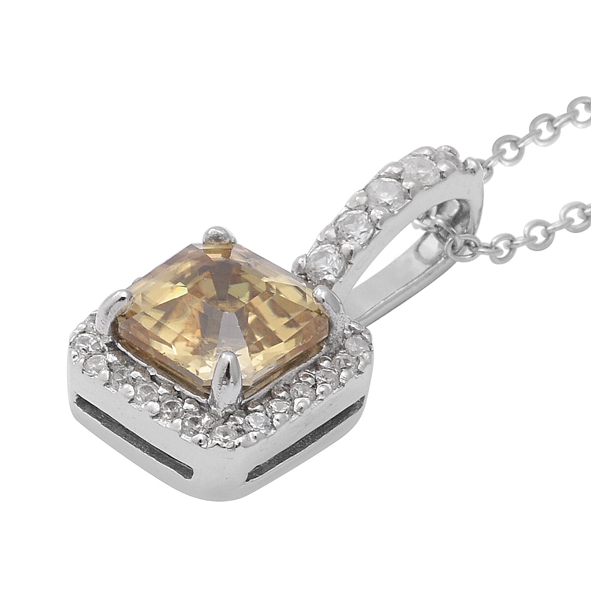 Asscher Cut Tanzanian Yellow Zircon and Natural White Zircon Pendant Necklace 18 Inches in Sterling Silver 3.15 ctw image number 2