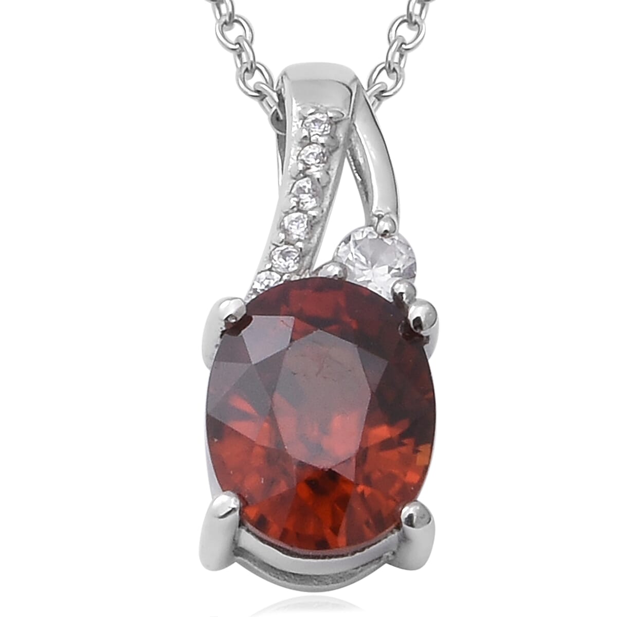 Cambodian Red Zircon and Natural White Zircon Pendant Necklace 18 Inches in Platinum Over Sterling Silver 3.15 ctw