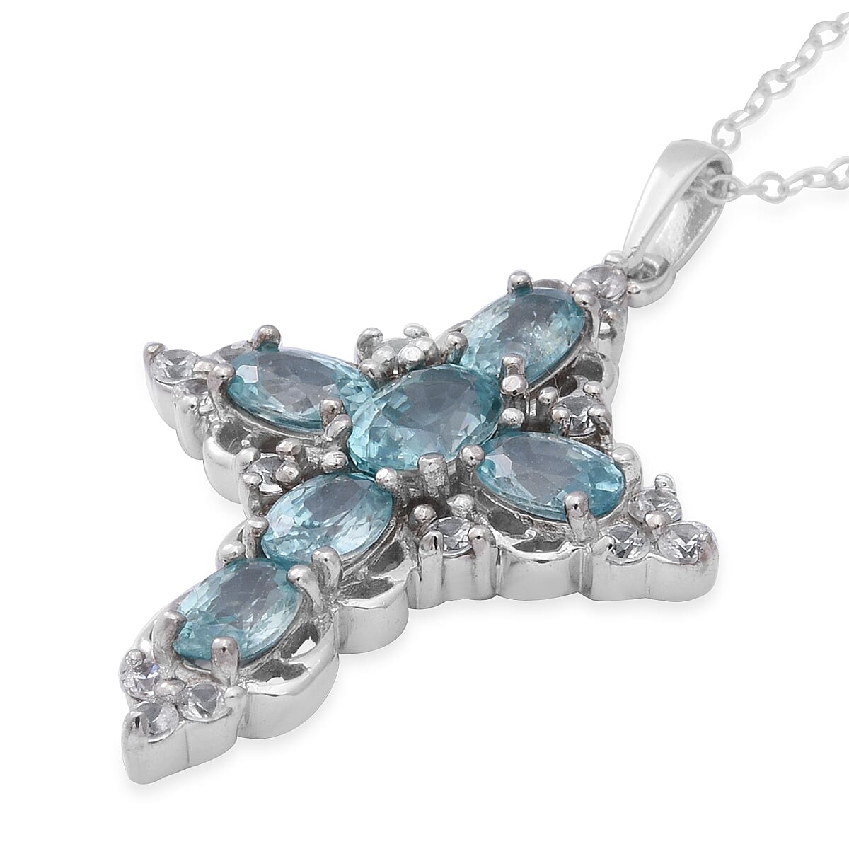 Cambodian Blue Zircon and Natural White Zircon Cross Pendant Necklace 18 Inches in Platinum Over Sterling Silver 5.45 ctw image number 2