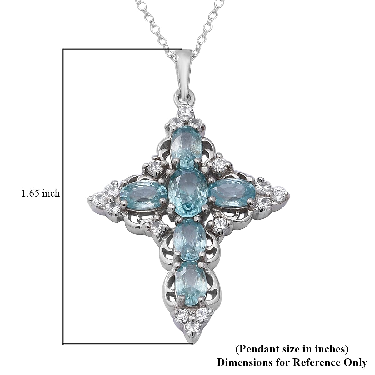 Cambodian Blue Zircon and Natural White Zircon Cross Pendant Necklace 18 Inches in Platinum Over Sterling Silver 5.45 ctw image number 4