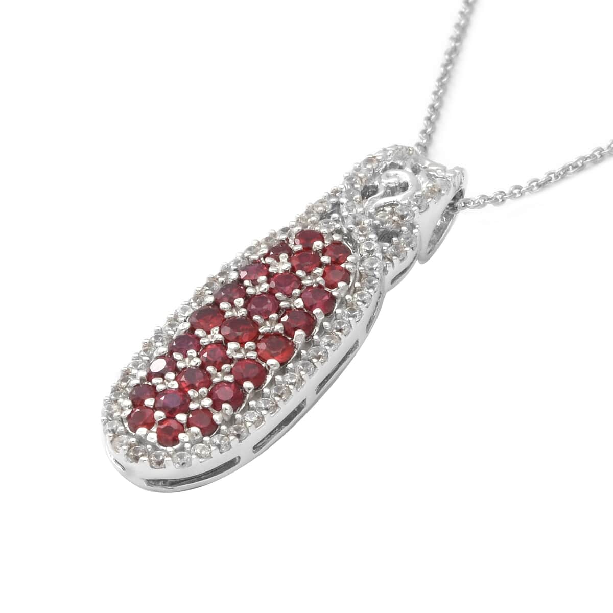 Premium Red Sapphire, Natural White Zircon Infinity Cocktail Pendant Necklace (18 Inches) in Platinum Over Sterling Silver image number 2